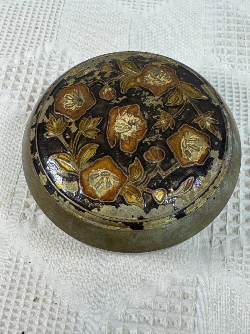 Vintage Brass Cloisonne Enamel Floral Trinket Box with Aged Patina